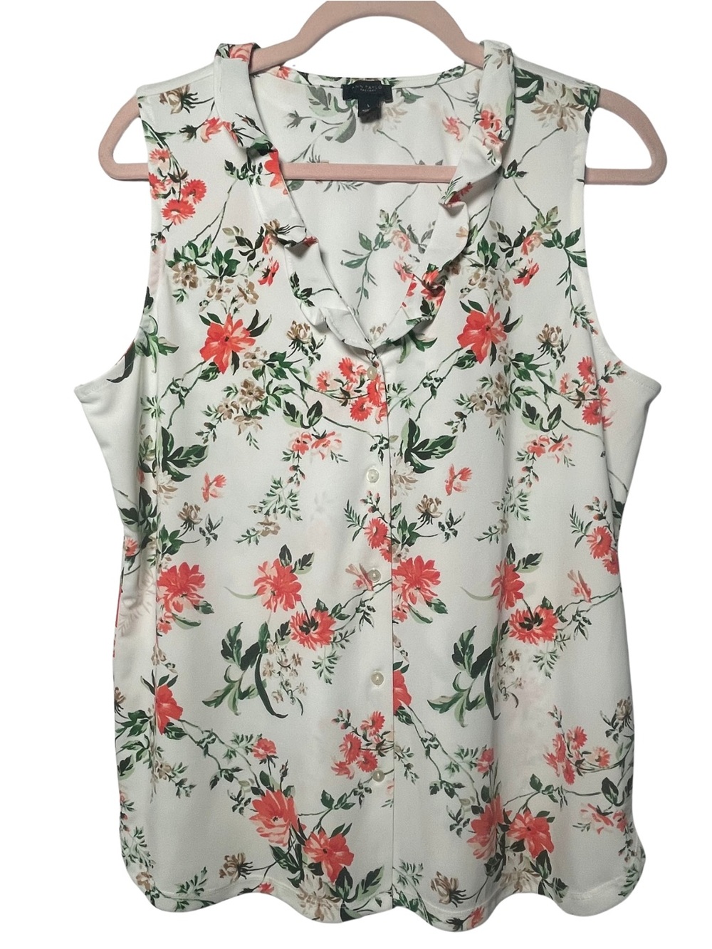 Anne Taylor Women’s Large Sleeveless Floral Button-Front Top - White with Coral
